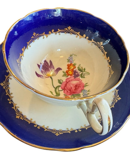 Elegant Aynsley Blue and White Floral Teacup and Saucer Bone China floral