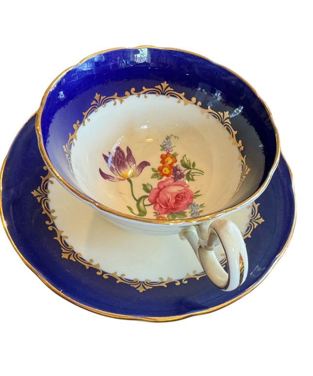 Elegant Aynsley Blue and White Floral Teacup and Saucer Bone China floral