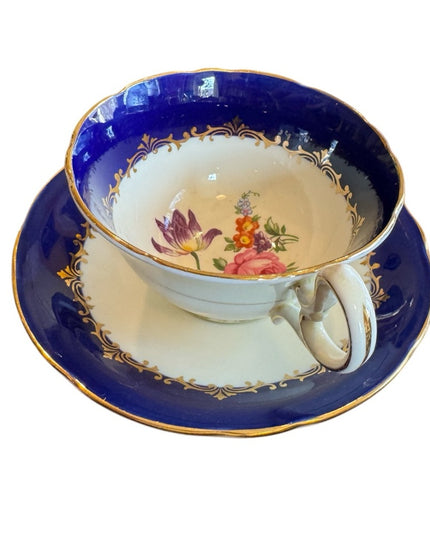 Elegant Aynsley Blue and White Floral Teacup and Saucer Bone China floral