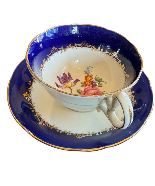 Elegant Aynsley Blue and White Floral Teacup and Saucer Bone China floral