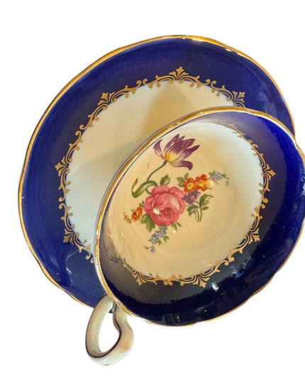 Elegant Aynsley Blue and White Floral Teacup and Saucer Bone China floral