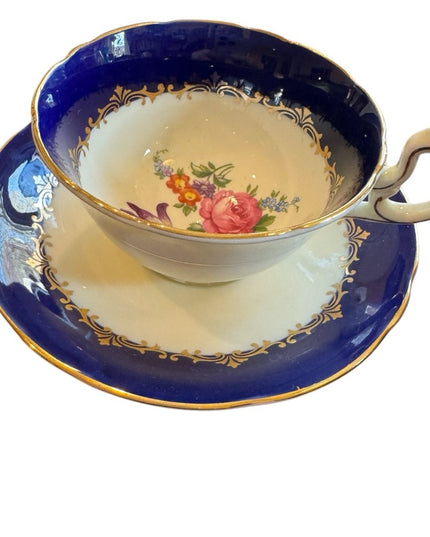Elegant Aynsley Blue and White Floral Teacup and Saucer Bone China floral