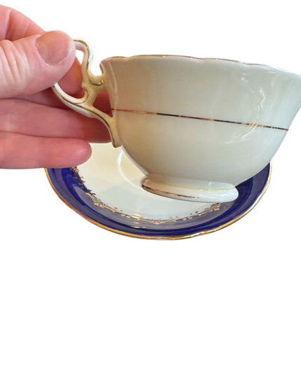 Elegant Aynsley Blue and White Floral Teacup and Saucer Bone China floral