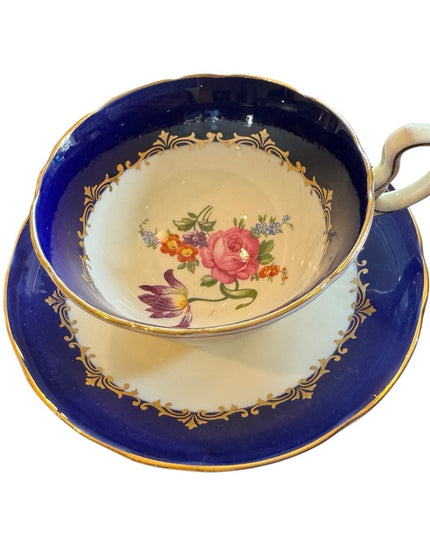 Elegant Aynsley Blue and White Floral Teacup and Saucer Bone China floral