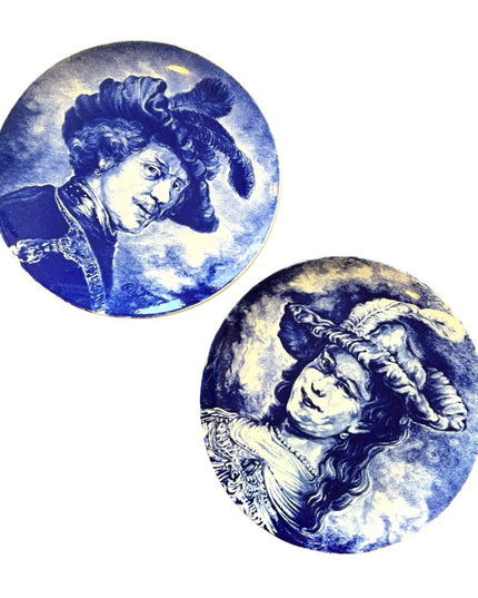 Vintage Boch Freres La Louviere Delft Belgium 11.5" Wall Plates Woman Man x2pc