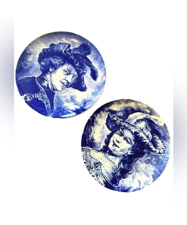 Vintage Boch Freres La Louviere Delft Belgium 11.5" Wall Plates Woman Man x2pc