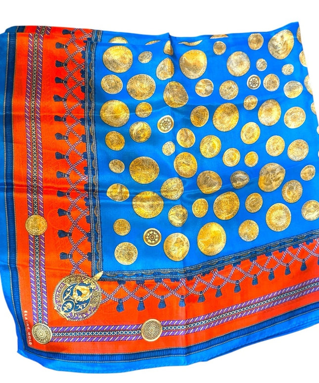 Vibrant Vintage Coin Blue & Gold Scarf elegant Elaine Gold Silk Scarf