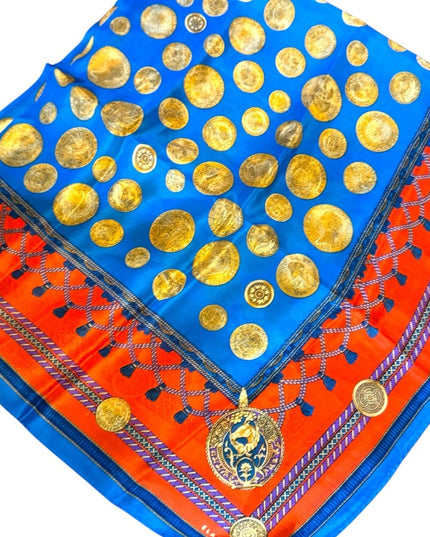 Vibrant Vintage Coin Blue & Gold Scarf elegant Elaine Gold Silk Scarf