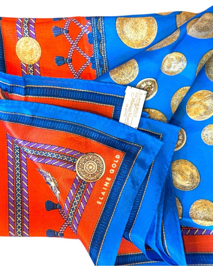 Vibrant Vintage Coin Blue & Gold Scarf elegant Elaine Gold Silk Scarf
