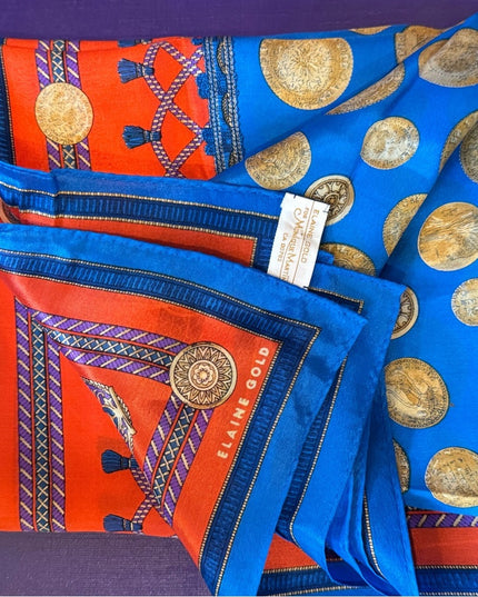 Vibrant Vintage Coin Blue & Gold Scarf elegant Elaine Gold Silk Scarf