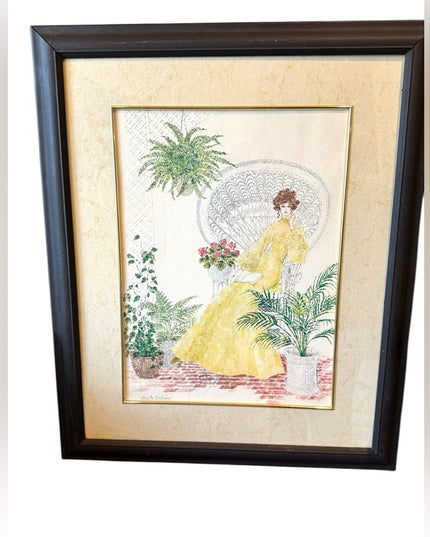 Vintage Mid century Framed Art Victorian Lady Yellow Dress Signed G. Eriksen