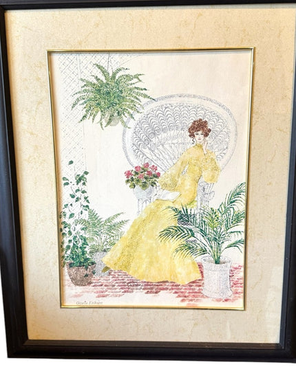 Vintage Mid century Framed Art Victorian Lady Yellow Dress Signed G. Eriksen