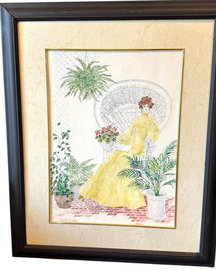Vintage Mid century Framed Art Victorian Lady Yellow Dress Signed G. Eriksen