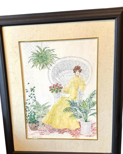 Vintage Mid century Framed Art Victorian Lady Yellow Dress Signed G. Eriksen