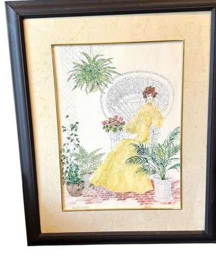 Vintage Mid century Framed Art Victorian Lady Yellow Dress Signed G. Eriksen