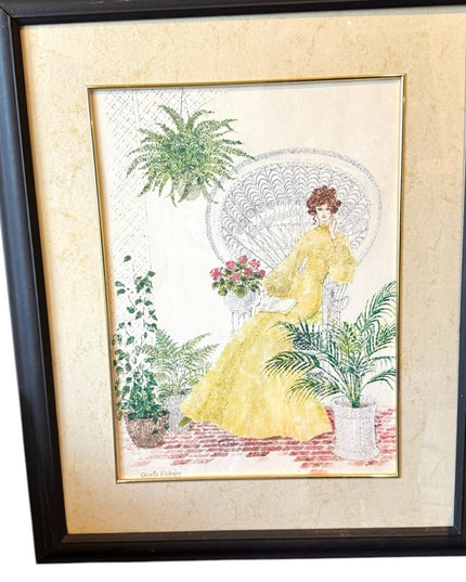 Vintage Mid century Framed Art Victorian Lady Yellow Dress Signed G. Eriksen