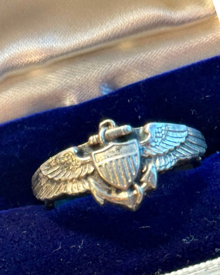 Vintage mens sterling silver 925 military pilot  wings air force band ri…