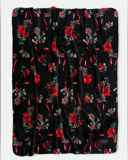 Victoria's Secret Floral Sherpa Blanket Cozy Plush Black Red Roses 50" x 60