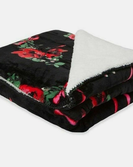 Victoria's Secret Floral Sherpa Blanket Cozy Plush Black Red Roses 50" x 60