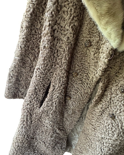 Vintage Mid Century Blonde Curly Persian Lamb  Women's fur Coat mink collar 1970