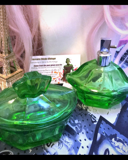 - Vintage Green Glass Bohemian Perfume atomizer & decanter crystal