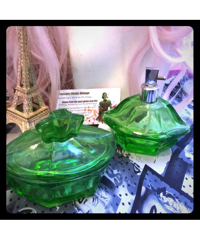 - Vintage Green Glass Bohemian Perfume atomizer & decanter crystal
