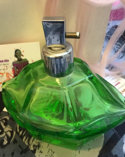 - Vintage Green Glass Bohemian Perfume atomizer & decanter crystal