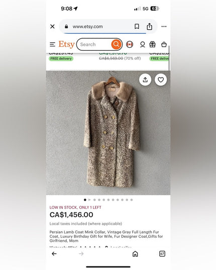 Vintage Mid Century Blonde Curly Persian Lamb  Women's fur Coat mink collar 1970