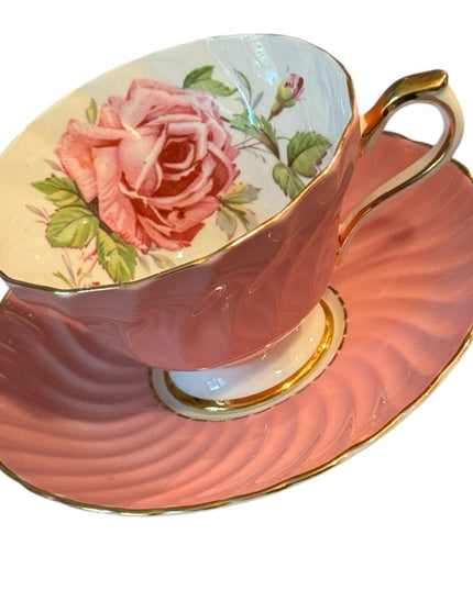 Pink Aynsley Tea Cup Saucer Set Pink Rose  Bone China Floral roses gold trim