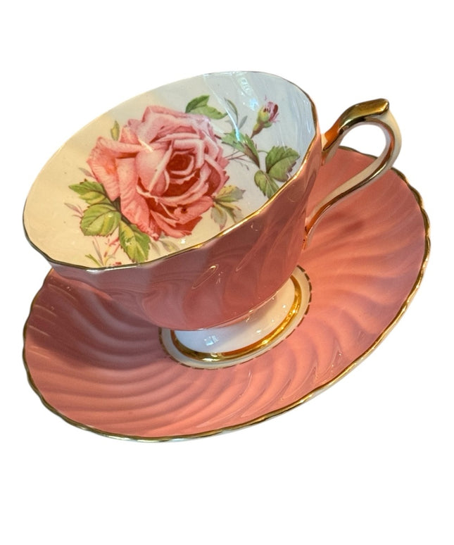 Pink Aynsley Tea Cup Saucer Set Pink Rose  Bone China Floral roses gold trim