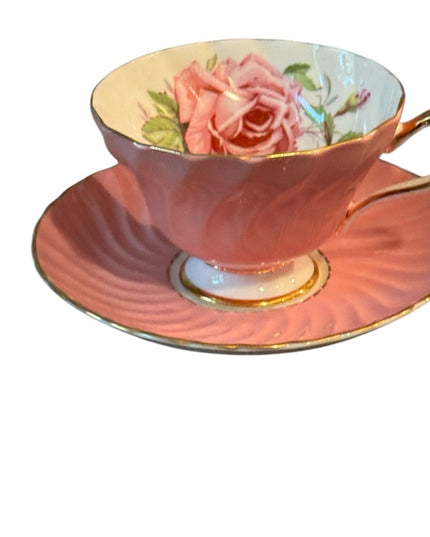 Pink Aynsley Tea Cup Saucer Set Pink Rose  Bone China Floral roses gold trim