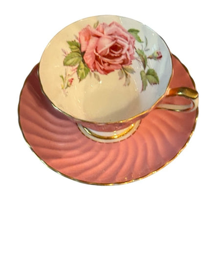 Pink Aynsley Tea Cup Saucer Set Pink Rose  Bone China Floral roses gold trim