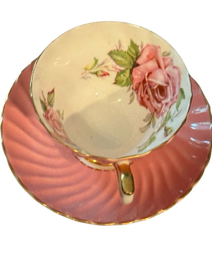 Pink Aynsley Tea Cup Saucer Set Pink Rose  Bone China Floral roses gold trim