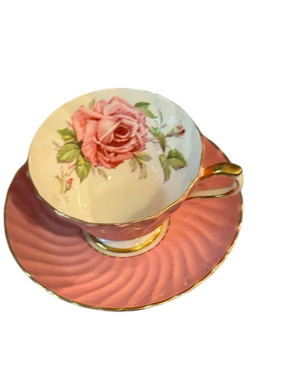 Pink Aynsley Tea Cup Saucer Set Pink Rose  Bone China Floral roses gold trim