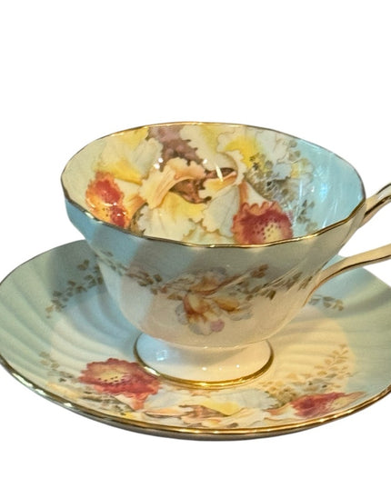 Aynsley Orchid Cup Saucer Blue Floral Spiral Fluted Footed Scalloped Gold RARE