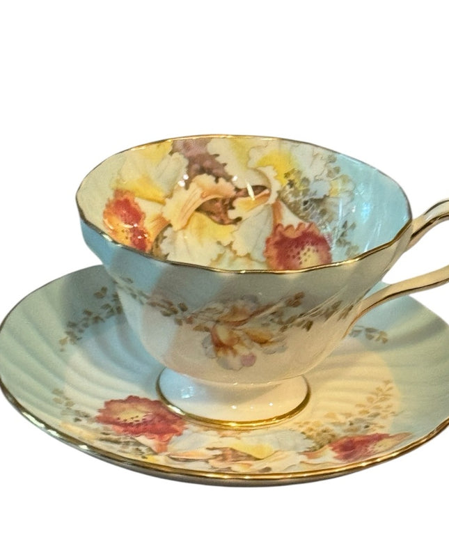 Aynsley Orchid Cup Saucer Blue Floral Spiral Fluted Footed Scalloped Gold RARE