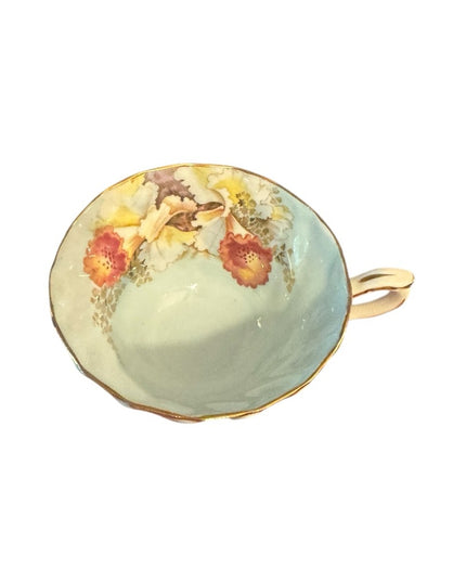 Aynsley Orchid Cup Saucer Blue Floral Spiral Fluted Footed Scalloped Gold RARE