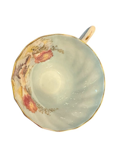 Aynsley Orchid Cup Saucer Blue Floral Spiral Fluted Footed Scalloped Gold RARE
