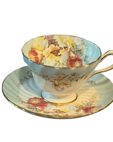 Aynsley Orchid Cup Saucer Blue Floral Spiral Fluted Footed Scalloped Gold RARE