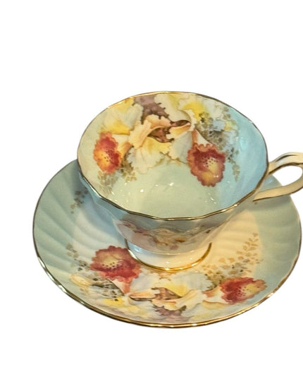 Aynsley Orchid Cup Saucer Blue Floral Spiral Fluted Footed Scalloped Gold RARE