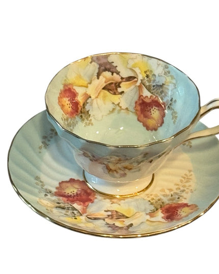 Aynsley Orchid Cup Saucer Blue Floral Spiral Fluted Footed Scalloped Gold RARE