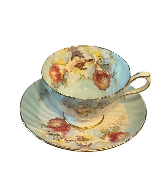 Aynsley Orchid Cup Saucer Blue Floral Spiral Fluted Footed Scalloped Gold RARE
