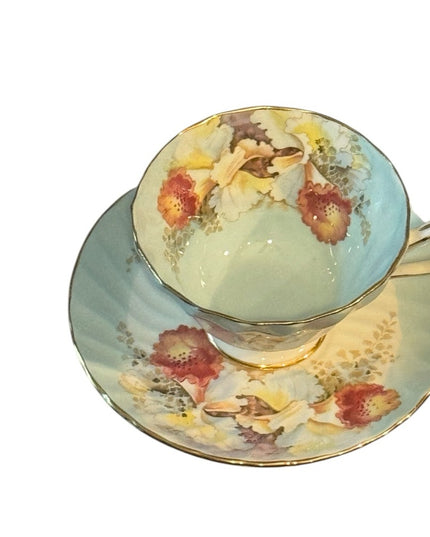 Aynsley Orchid Cup Saucer Blue Floral Spiral Fluted Footed Scalloped Gold RARE