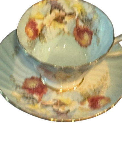 Aynsley Orchid Cup Saucer Blue Floral Spiral Fluted Footed Scalloped Gold RARE
