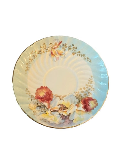 Aynsley Orchid Cup Saucer Blue Floral Spiral Fluted Footed Scalloped Gold RARE