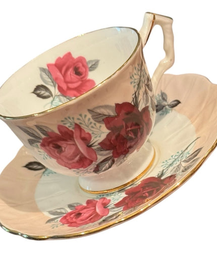 Lovely Vintage Aynsley Floral Teacup Roses and Saucer Set with Gold Trim