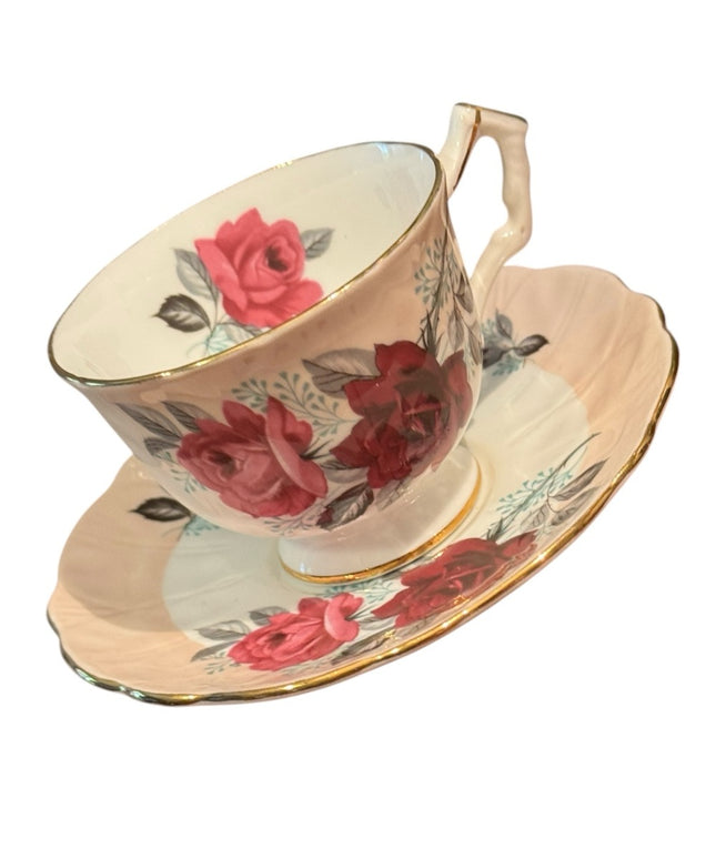Lovely Vintage Aynsley Floral Teacup Roses and Saucer Set with Gold Trim