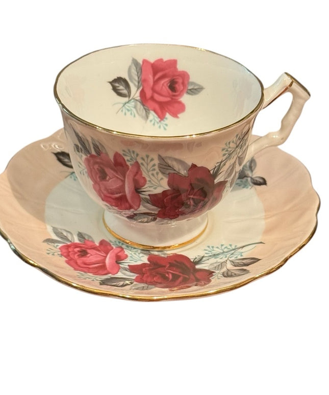 Lovely Vintage Aynsley Floral Teacup Roses and Saucer Set with Gold Trim