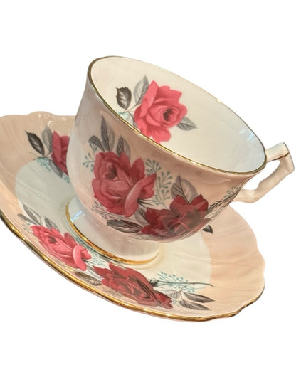 Lovely Vintage Aynsley Floral Teacup Roses and Saucer Set with Gold Trim