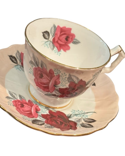 Lovely Vintage Aynsley Floral Teacup Roses and Saucer Set with Gold Trim